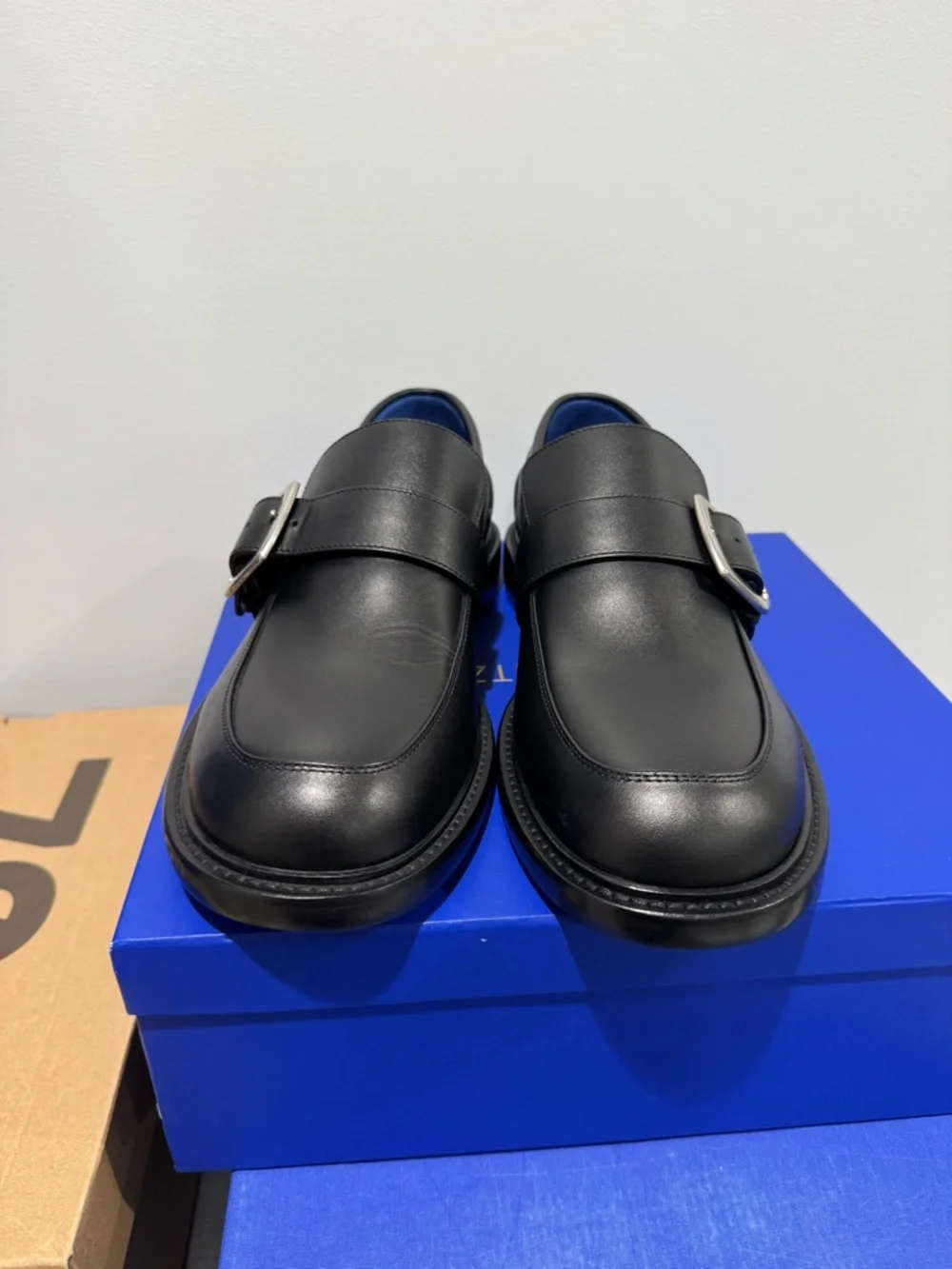 Burberry Black Leather Buckle Monk Strap Loafers with Blue Insole